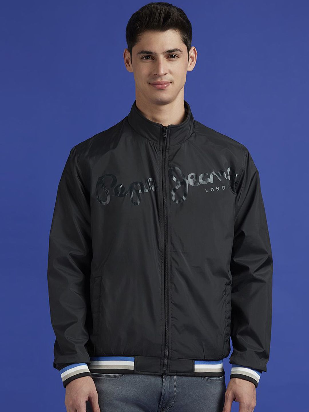 Pepe Jeans Men Mock Collar Typography Printed Casual Bomber Jacket