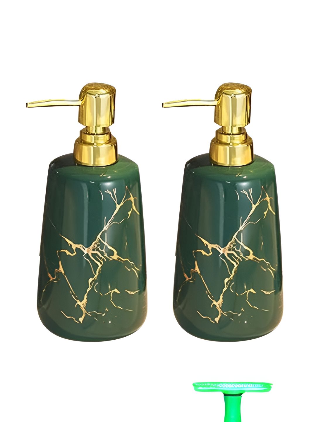 The Better Home Green & Gold-toned 2 Pieces Abstract Printed Ceramic Soap Dispensers 260ml
