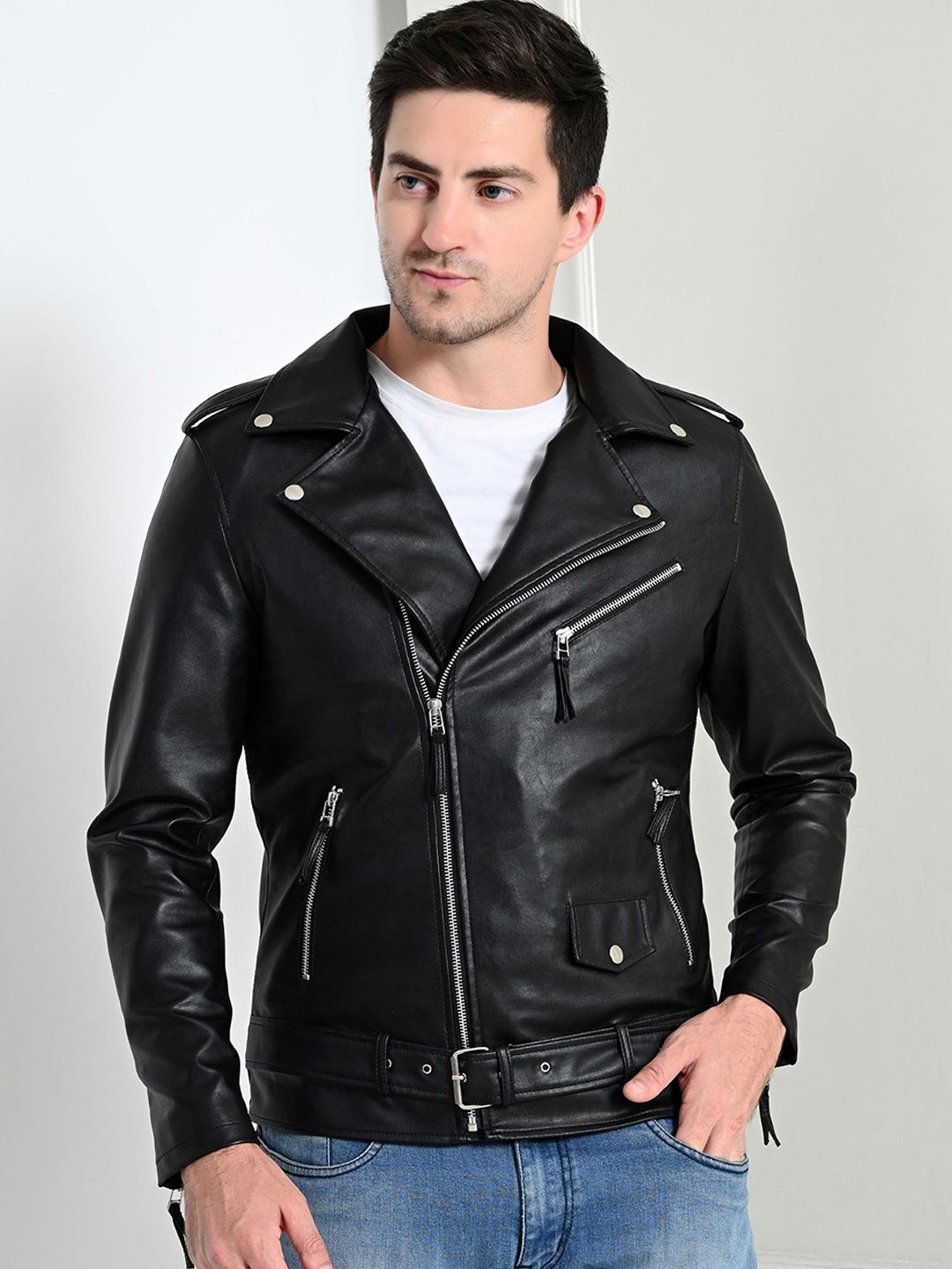 TBOJ Men Lapel Collar Solid Casual Biker Jacket