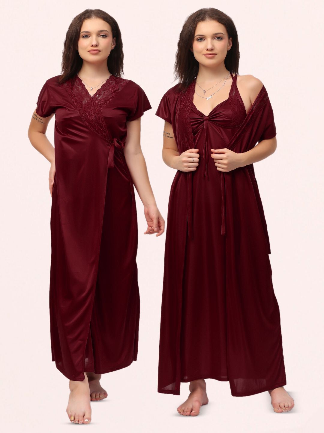 NIGHT KEYS NIGHT KEYS Women Set Of 6 Satin Lace Maxi Nightdress