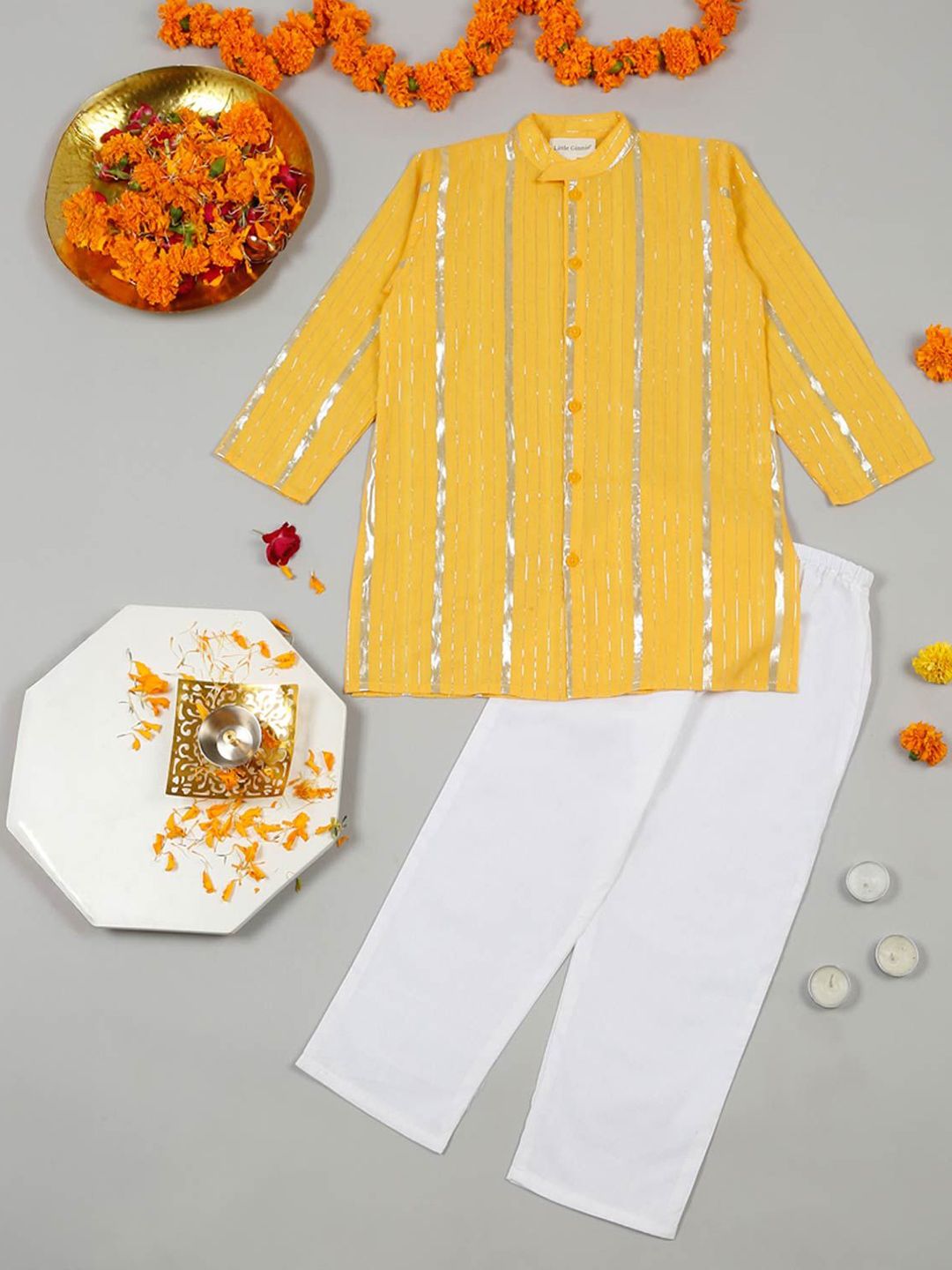 LITTLE GINNIE Boys Striped Mandarin Collar Straight Kurta With Pyjamas