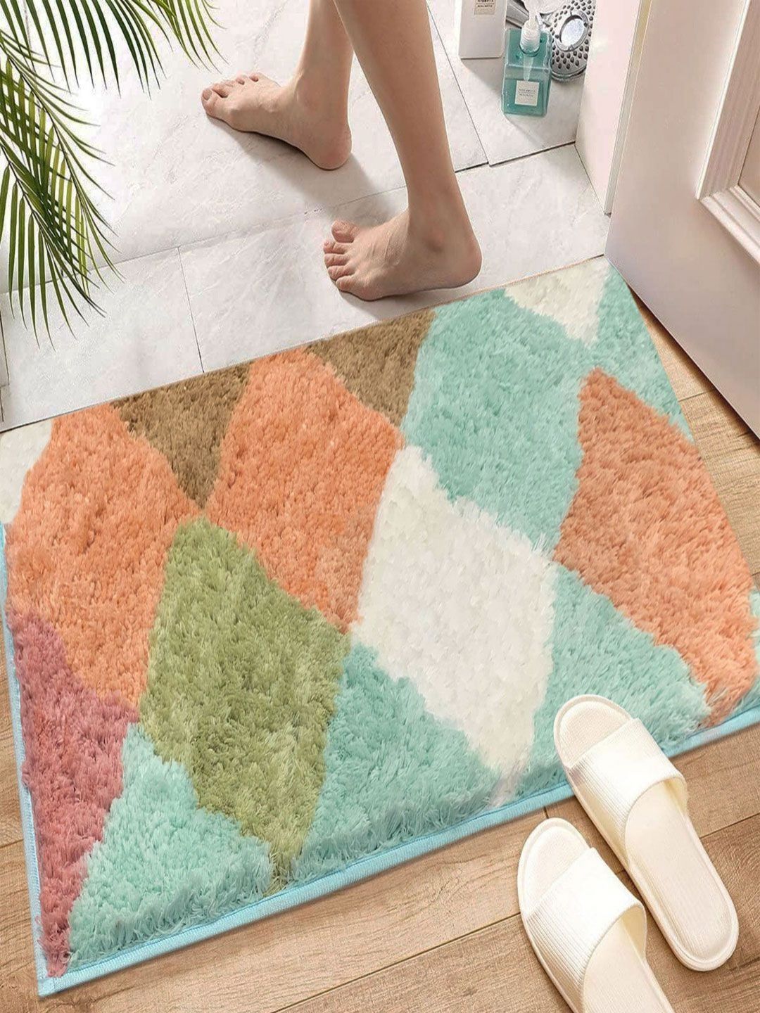 LUXEHOME INTERNATIONAL Rust & Green Printed Anti- Slip 2200 GSM Microfibre Bath Rugs