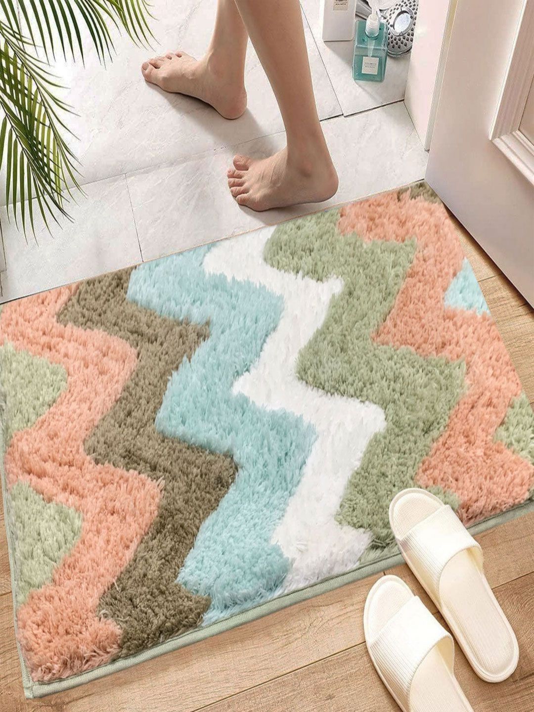 LUXEHOME INTERNATIONAL Pink & Green Printed 2200 GSM Microfiber Bath Rugs