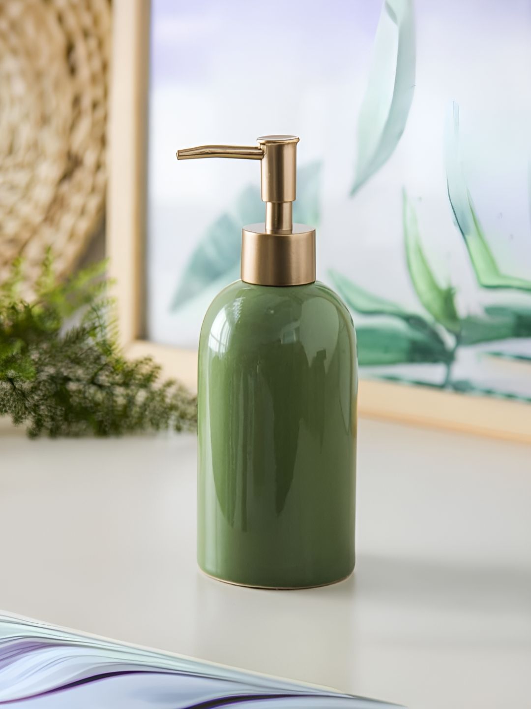The Better Home Green & Gold-Toned Ceramic Glossy Soap Dispenser 420 ml