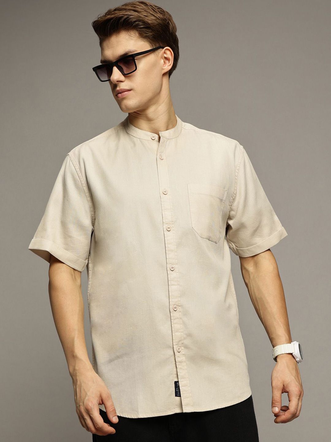 The Roadster Lifestyle Co. Men Premium Textured Solid Cotton Oversized Casual Shirt