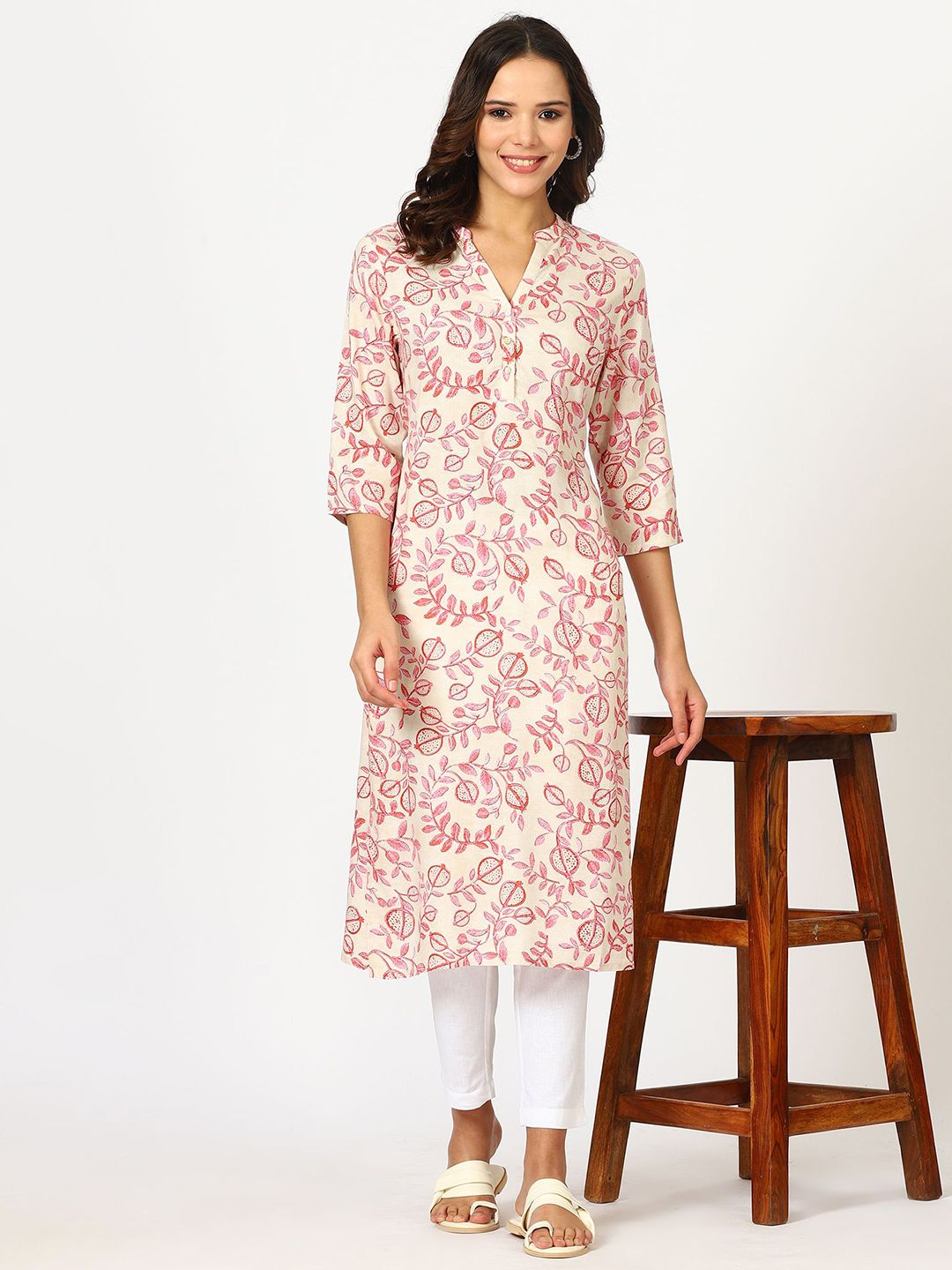 W W Beige Floral Printed Mandarin Collar Three-Quarter Sleeves Regular Straight Kurta