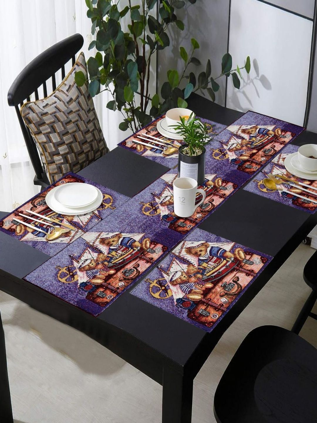 PRAKARTIK Set of 5 Purple Bear Pirate Treasure Ship Printed Dining Table Mats With Runner