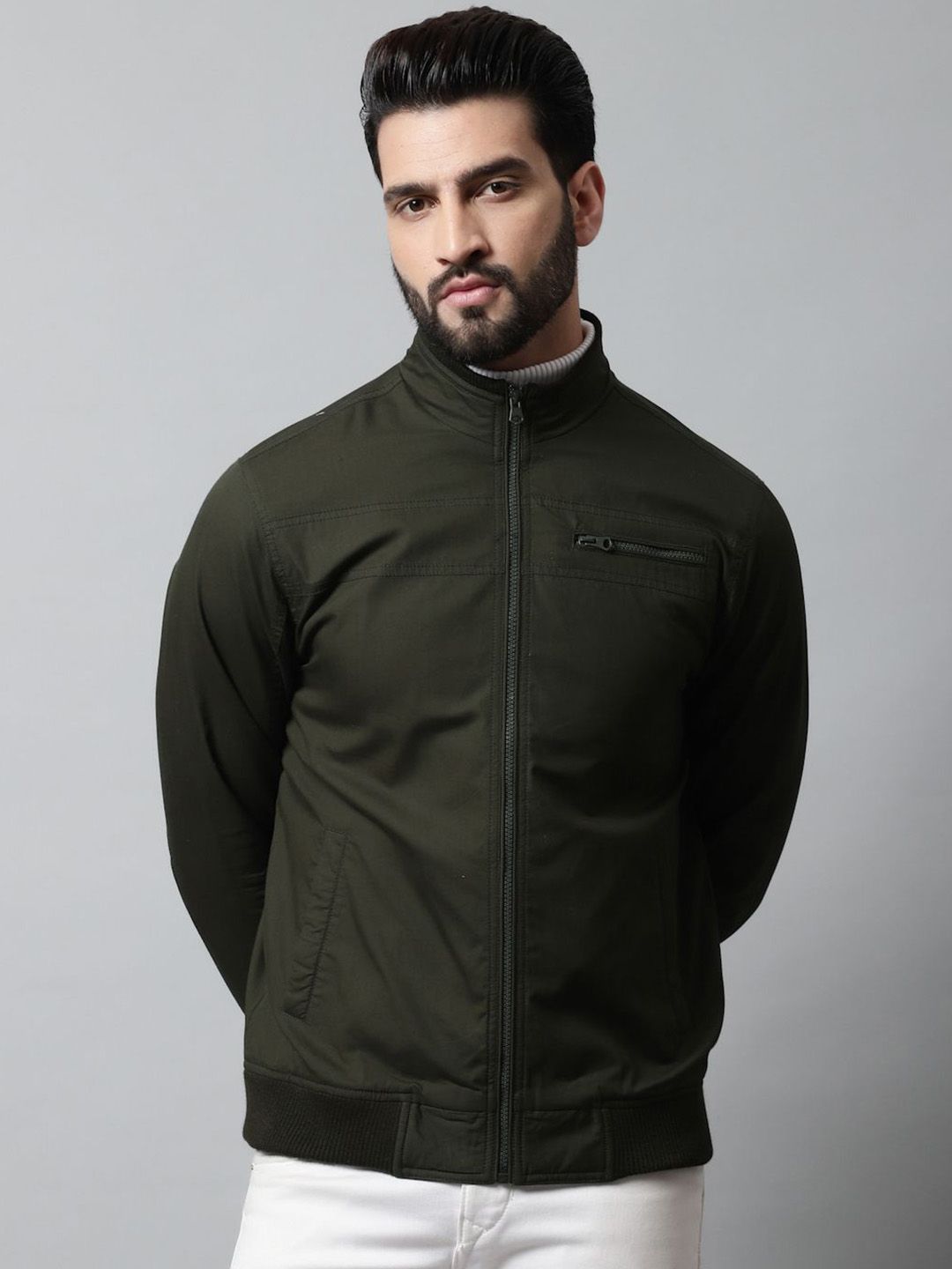 HOUSE OF VEDAS Men Mock Collar Solid Cotton Casual Biker Jacket