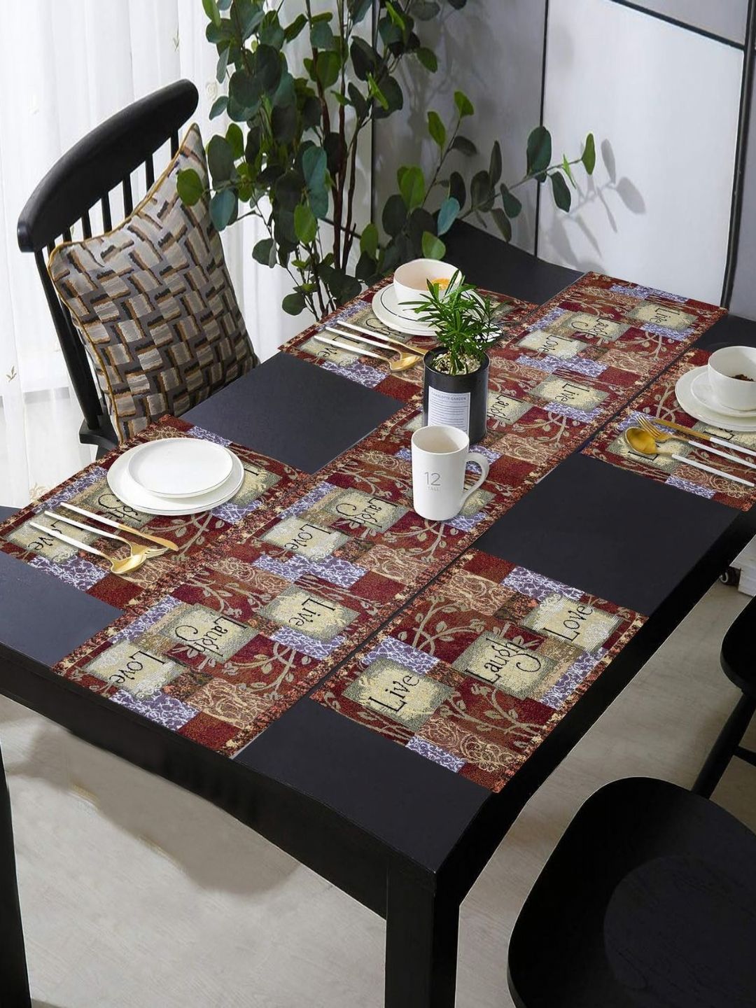PRAKARTIK Set of 5 Green Printed Rectangle Shaped Cotton Dining Table Mats With Runner