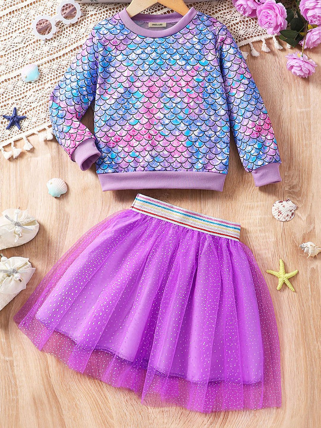 INCLUD Girls Geometric Printed Round Neck Sweatshirt With Skirt