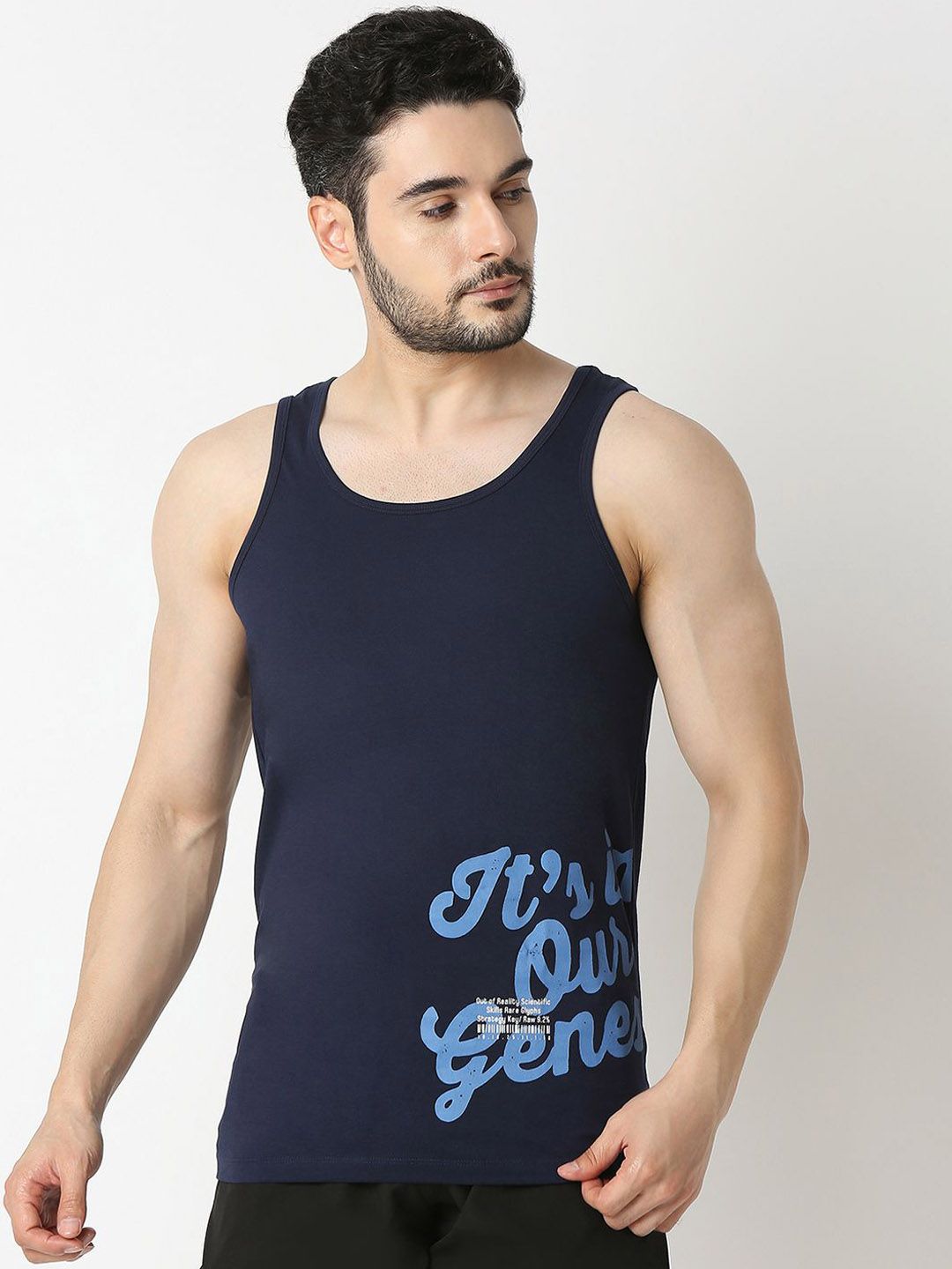 UnderJeans by Spykar Men Pure Cotton Printed Gym Innerwear Vests UJLSTPM028NAVY