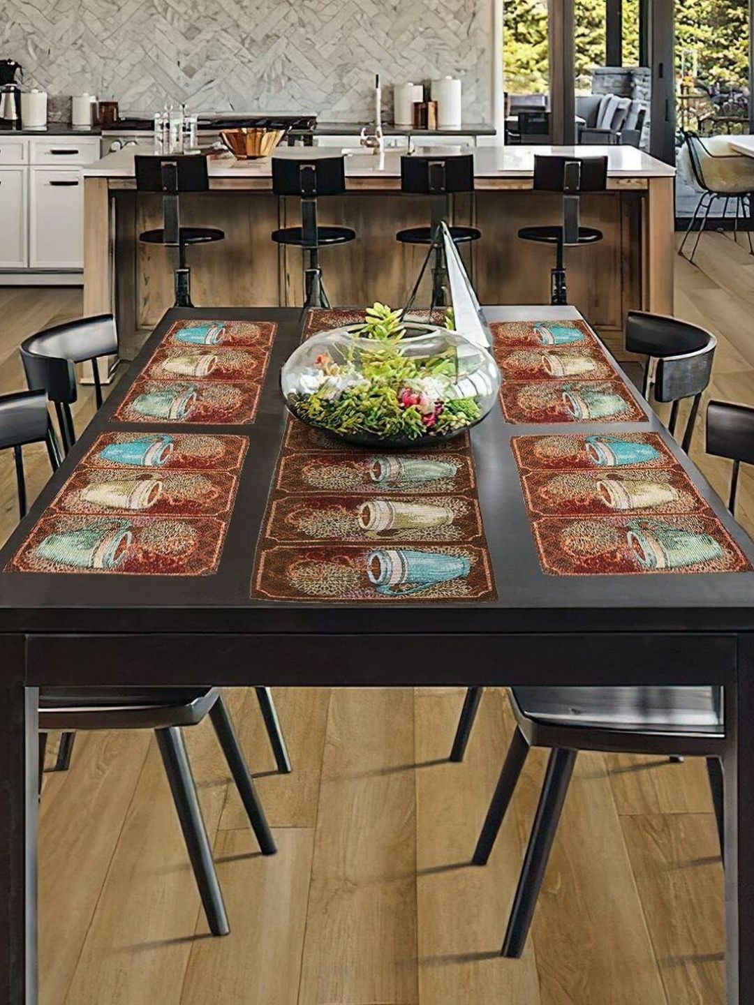 PRAKARTIK Set of 5 Blue Floral Printed Rectangle Shaped Cotton Dining Table Mats With Runner