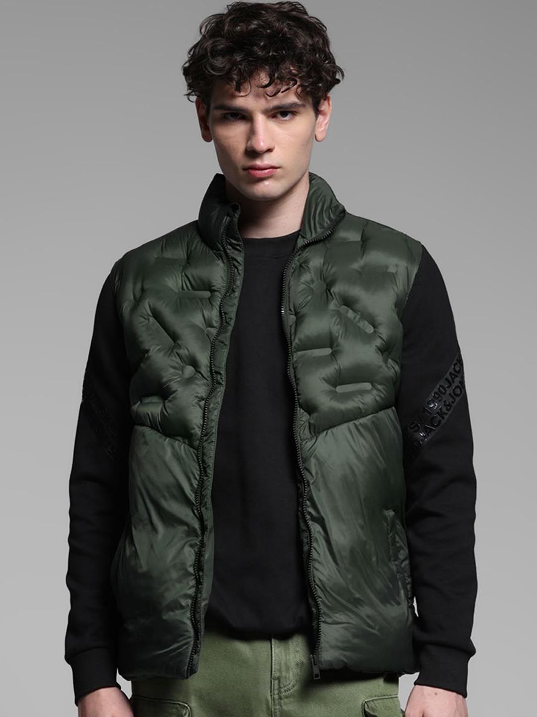 Jack & Jones Men Mock Collar Solid Casual Puffer Jacket
