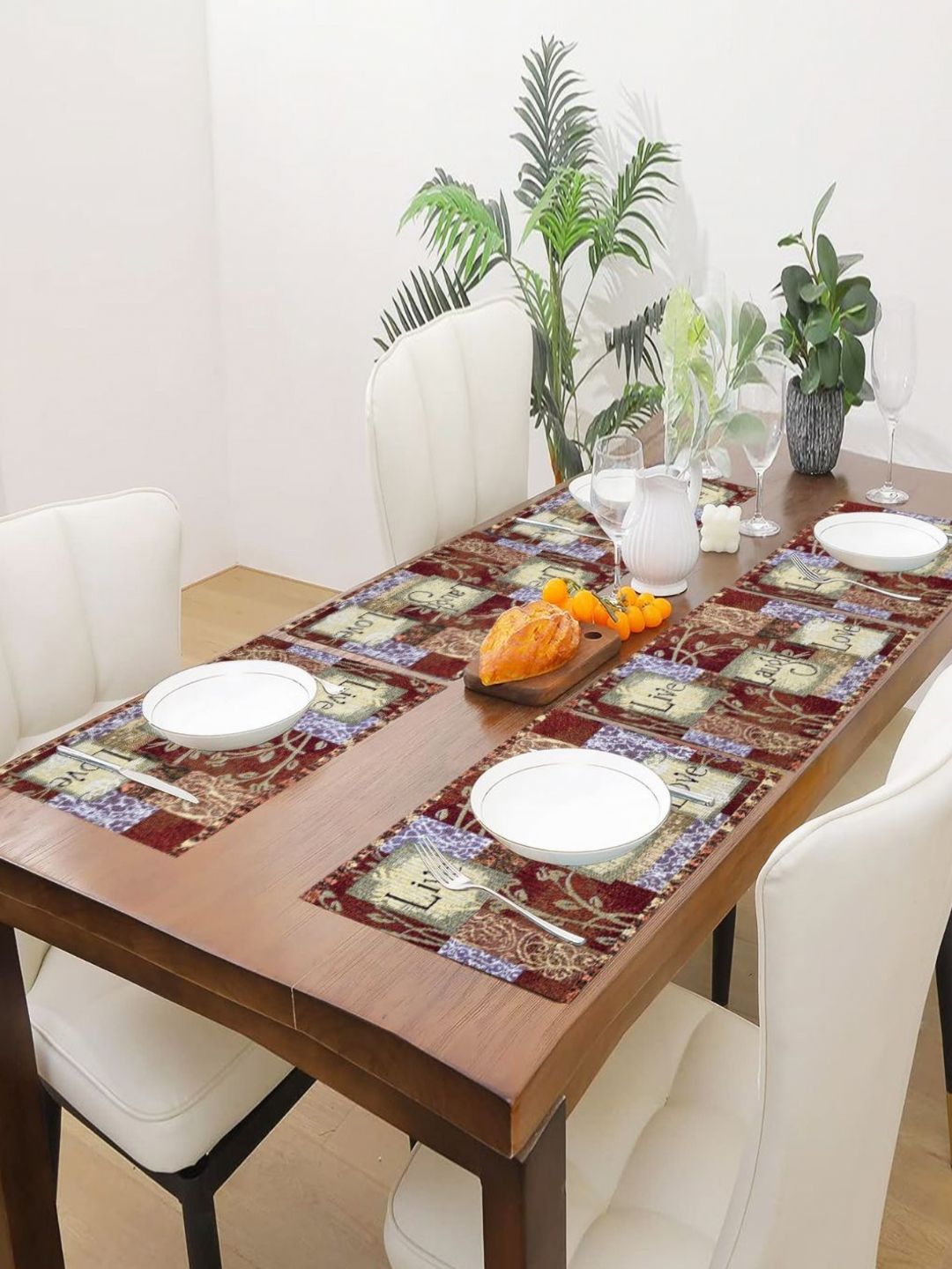 PRAKARTIK Set of 6 Brown & Green Cotton Printed Rectangle Dining Table Mats