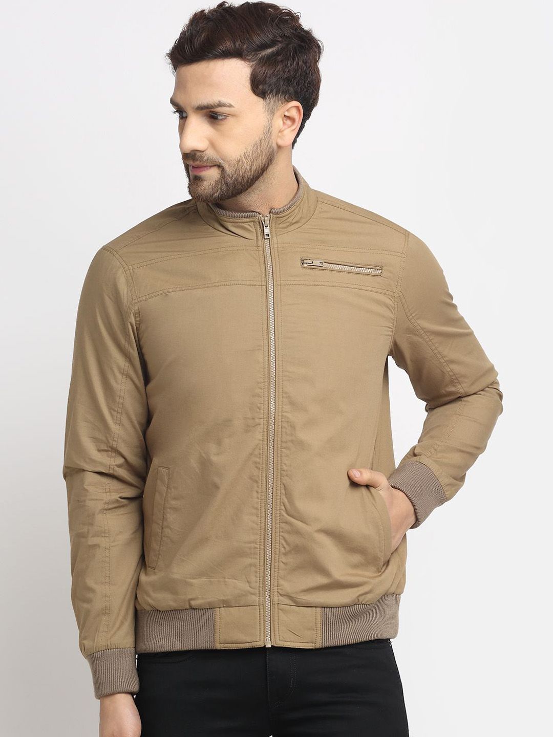 HOUSE OF VEDAS Men Mock Collar Solid Cotton Casual Bomber Jacket