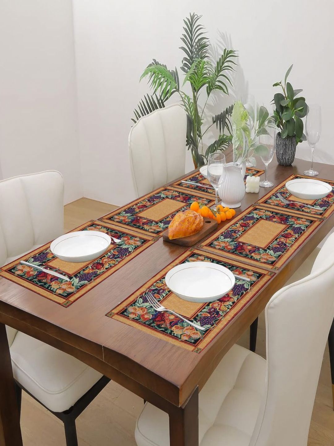 PRAKARTIK Set of 6 Brown & Green Cotton Floral Printed Rectangle Dining Table Mats