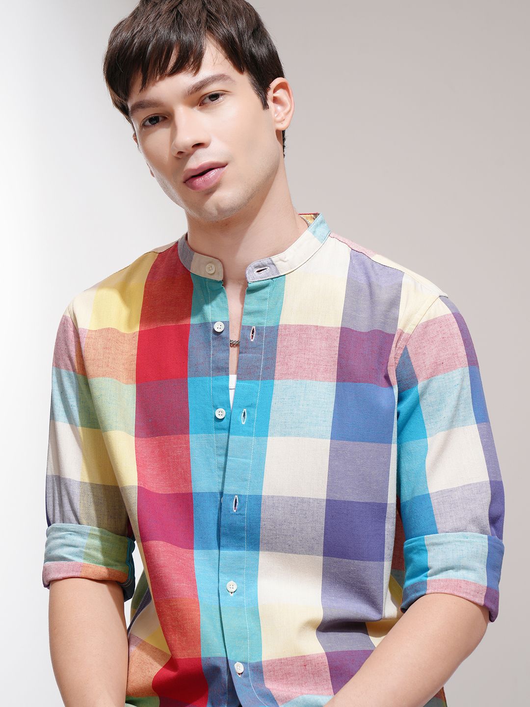 Highlander Men Muicolor Cotton Linen Checked Mandarin Collar Casual Shirt