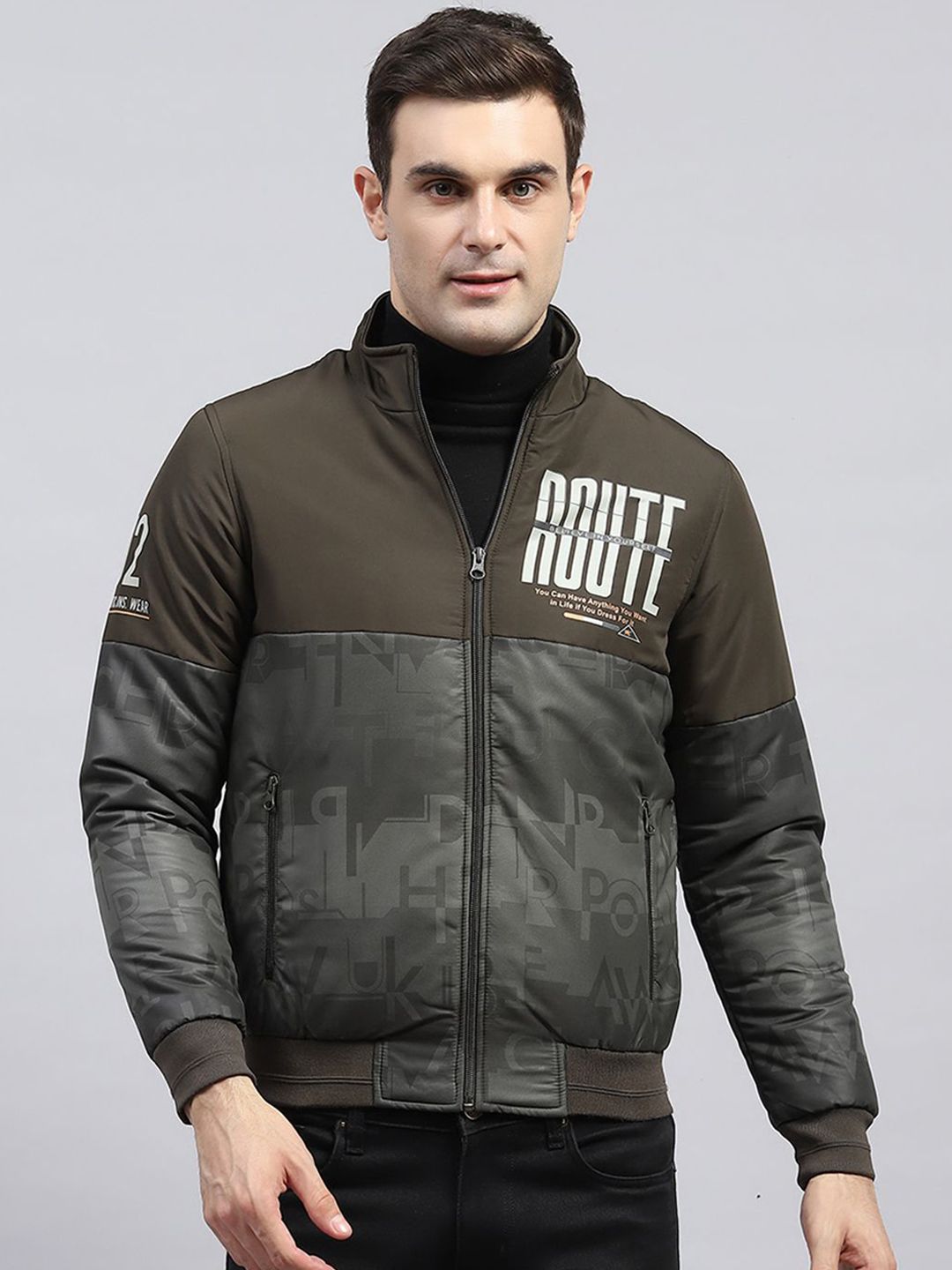 Monte Carlo Men Mock Collar Typography Printed Casual Bomber Jacket