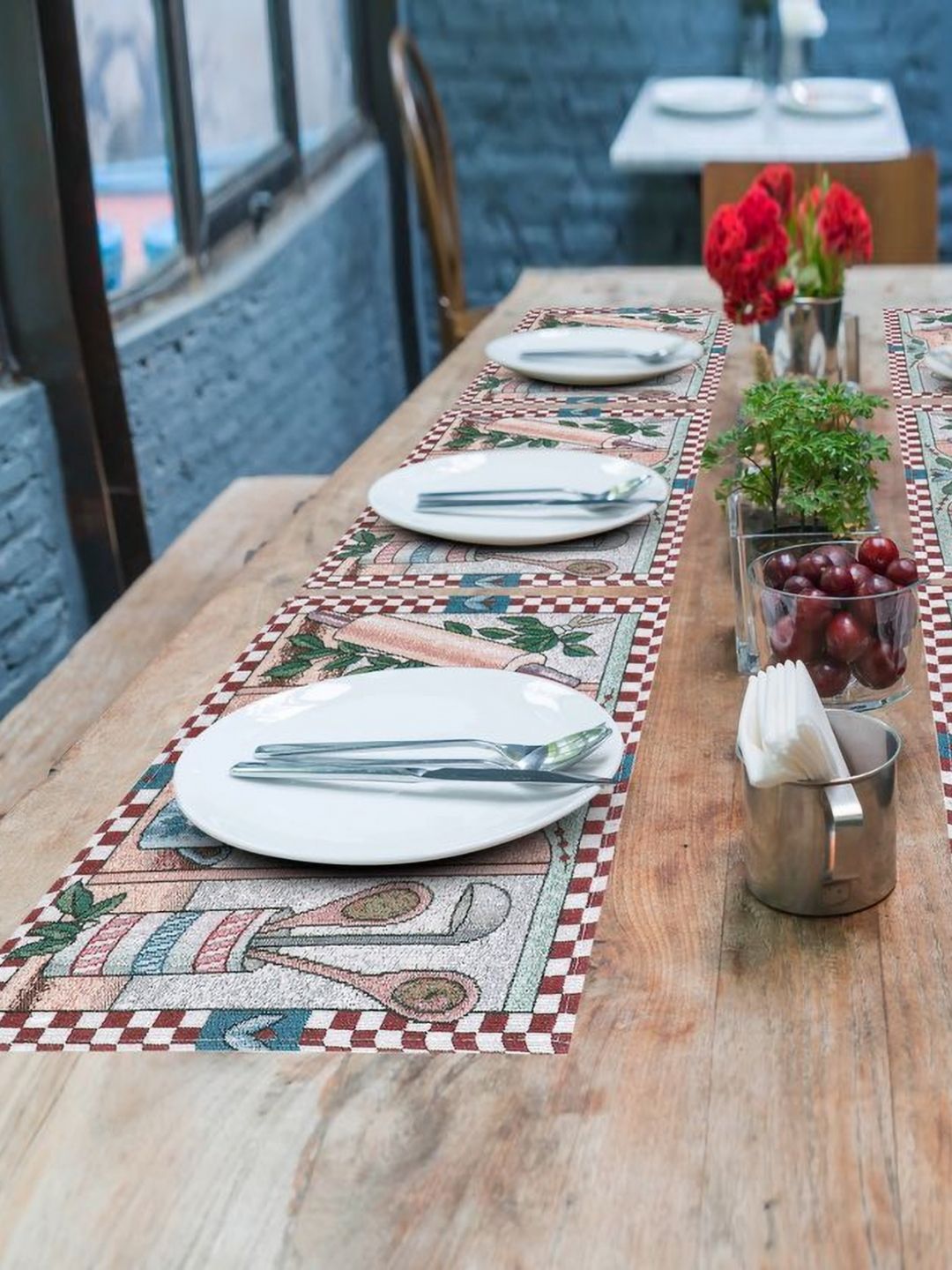 PRAKARTIK Set of 6 Red & Green Pure Cotton Floral Printed Rectangle Dining Table Mats