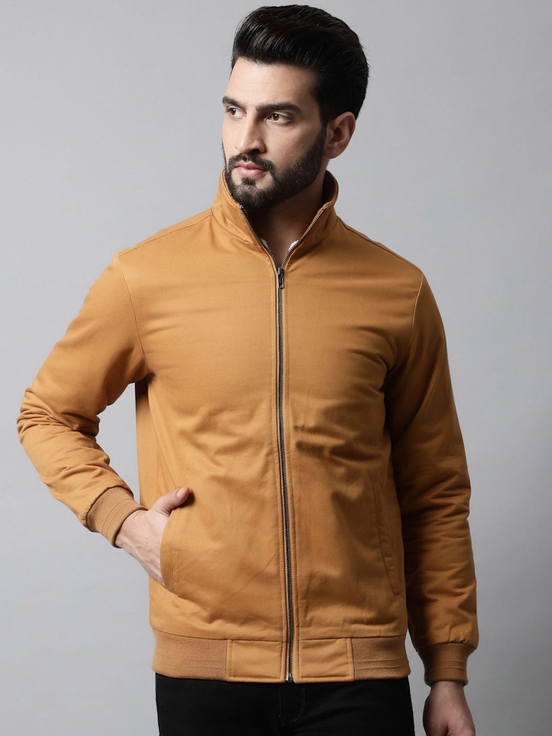 HOUSE OF VEDAS Men Mock Collar Solid Cotton Casual Bomber Jacket