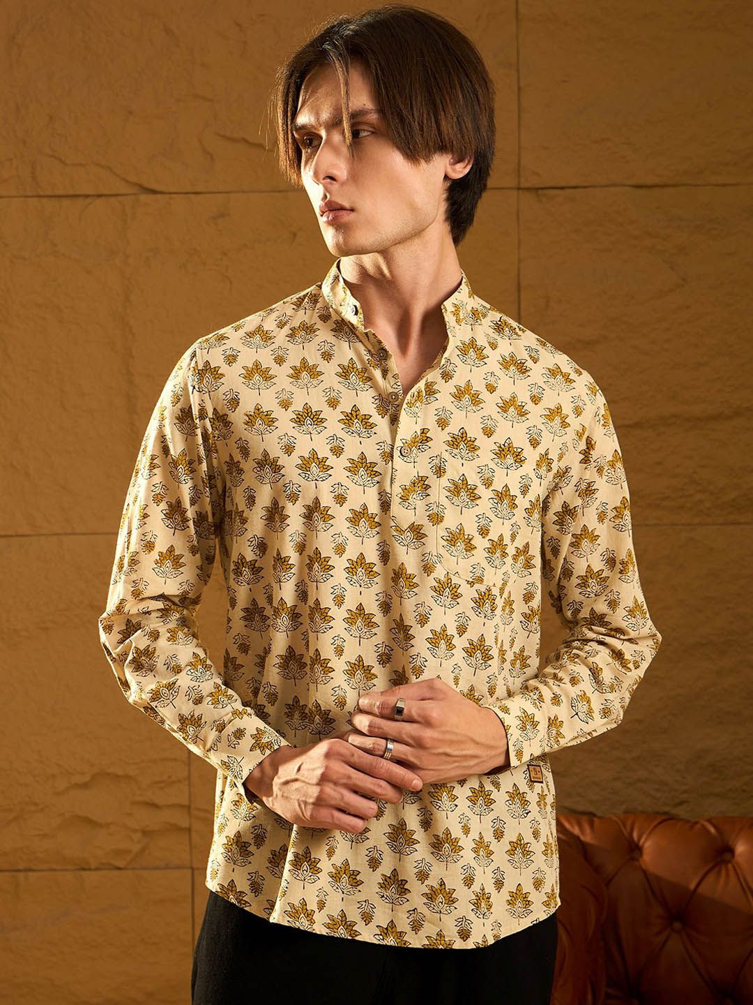 Block Printed Sustainable Kurta DENNISON Floral Block Printed Mandarin Collar Cotton Short Kurta
