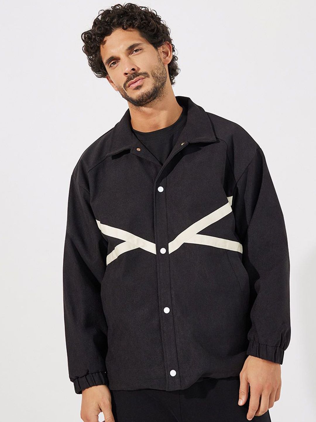 Styli Men Contrast Stripes Windbreaker Shirt Jacket with Button Up Detail