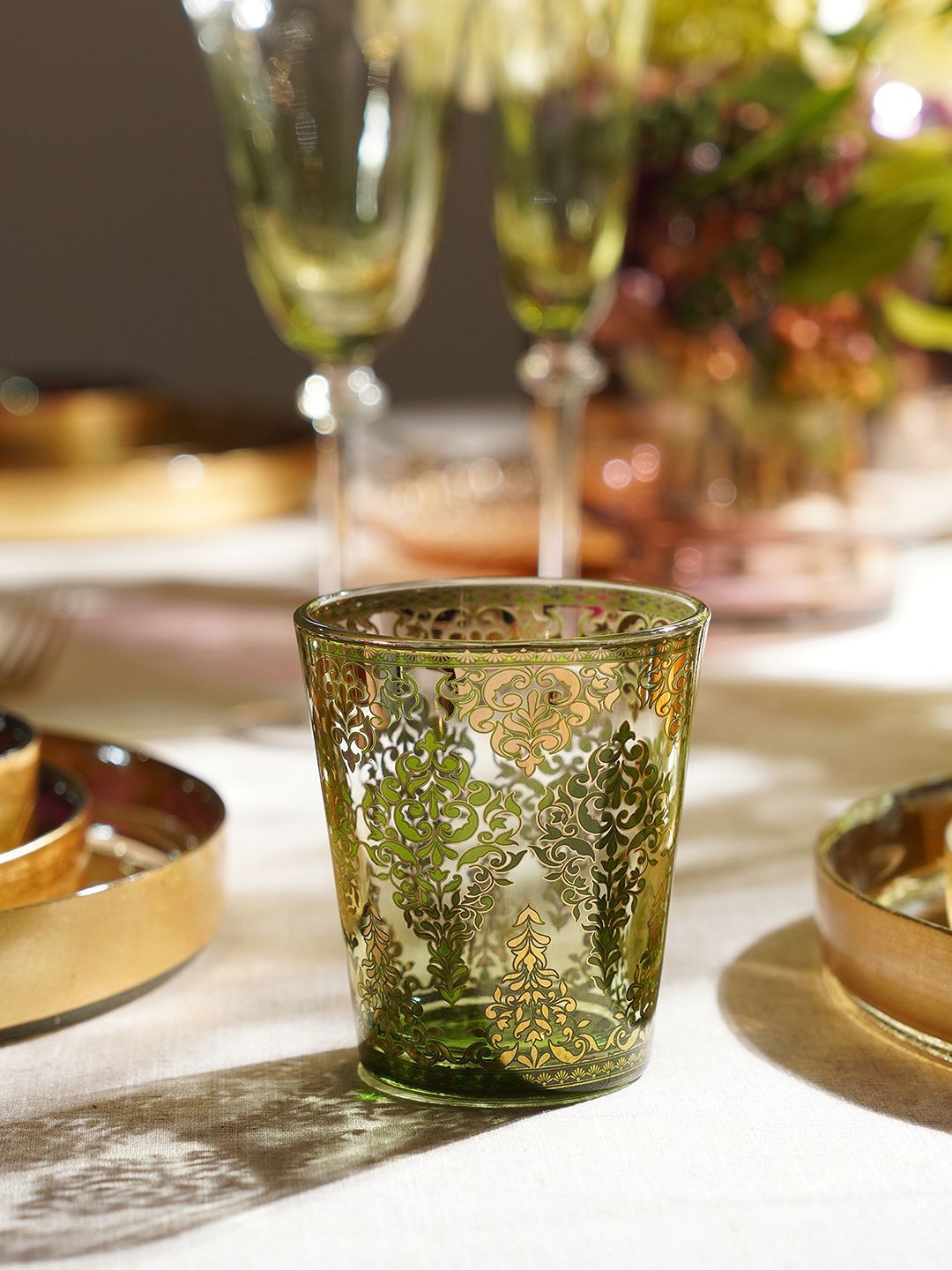 Pure Home and Living Pure Home and Living Green & Transparent 2 Pieces Printed Water Glass 450ml