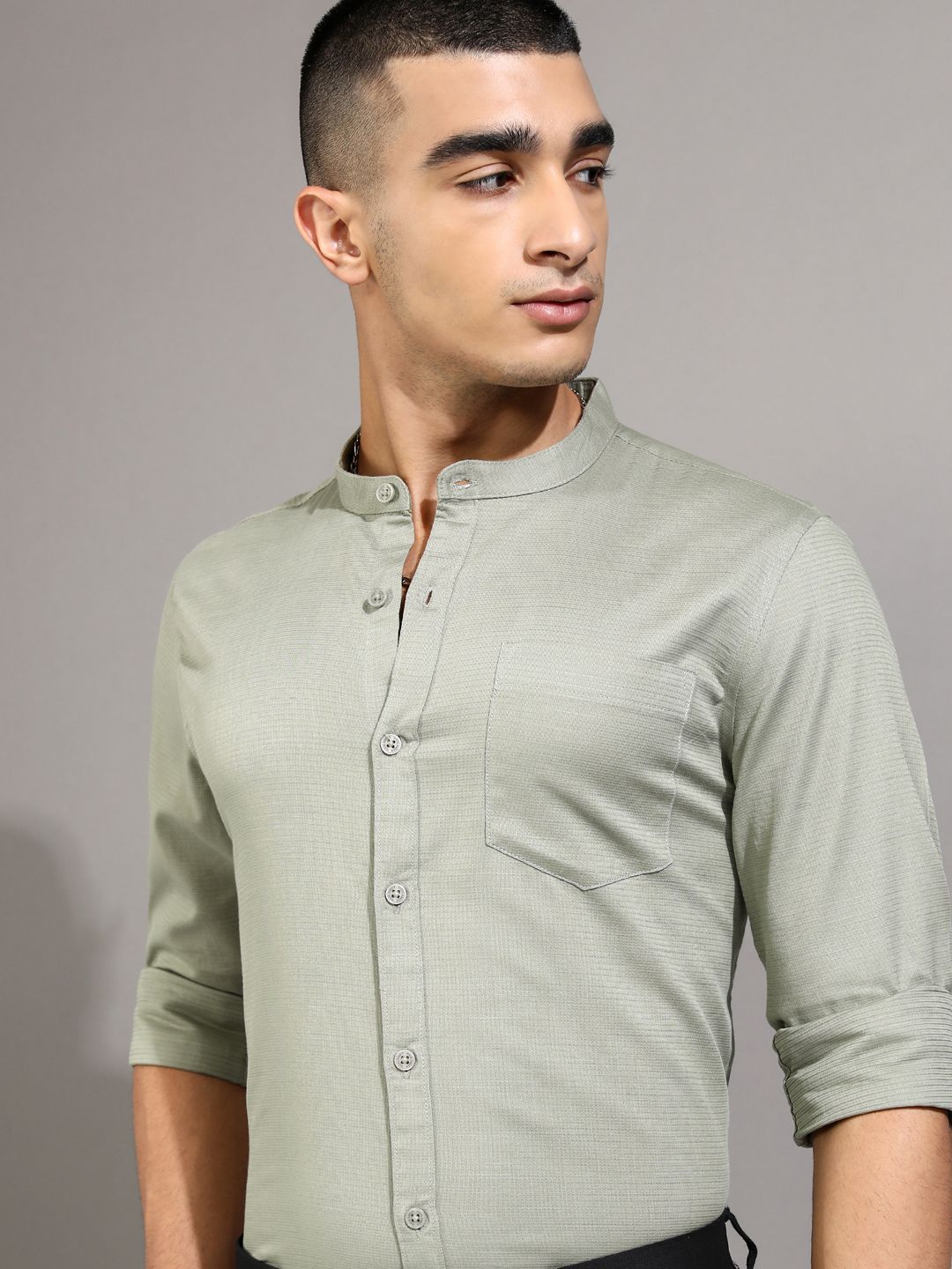 Highlander Men Olive Jacquard Textured Solid Mandarin Collar Regular Fit Casual Shirt