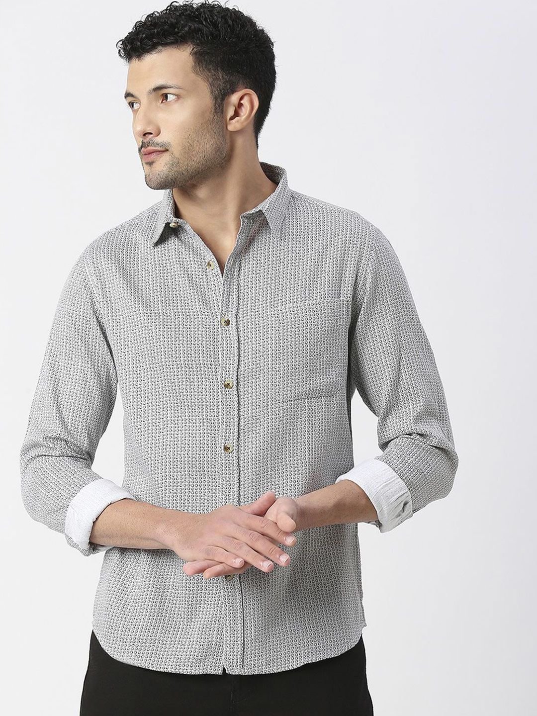 SNX Men Spread Collar Micro Ditsy Printed Cotton Casual Shirt