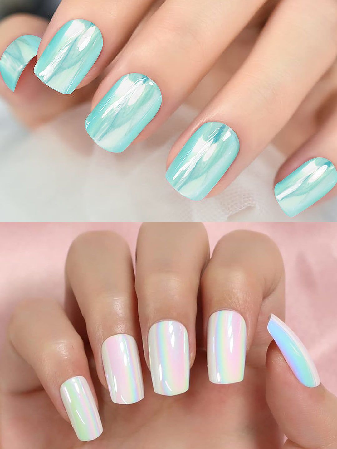 PRIVIU Set Of 24 Stick On Nails - Sea Green & White