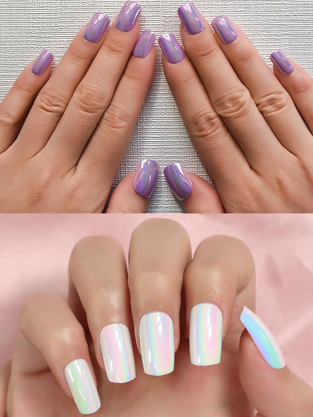 PRIVIU Set of 24 Stick On Nails-Metallic Duochrome Violet & White