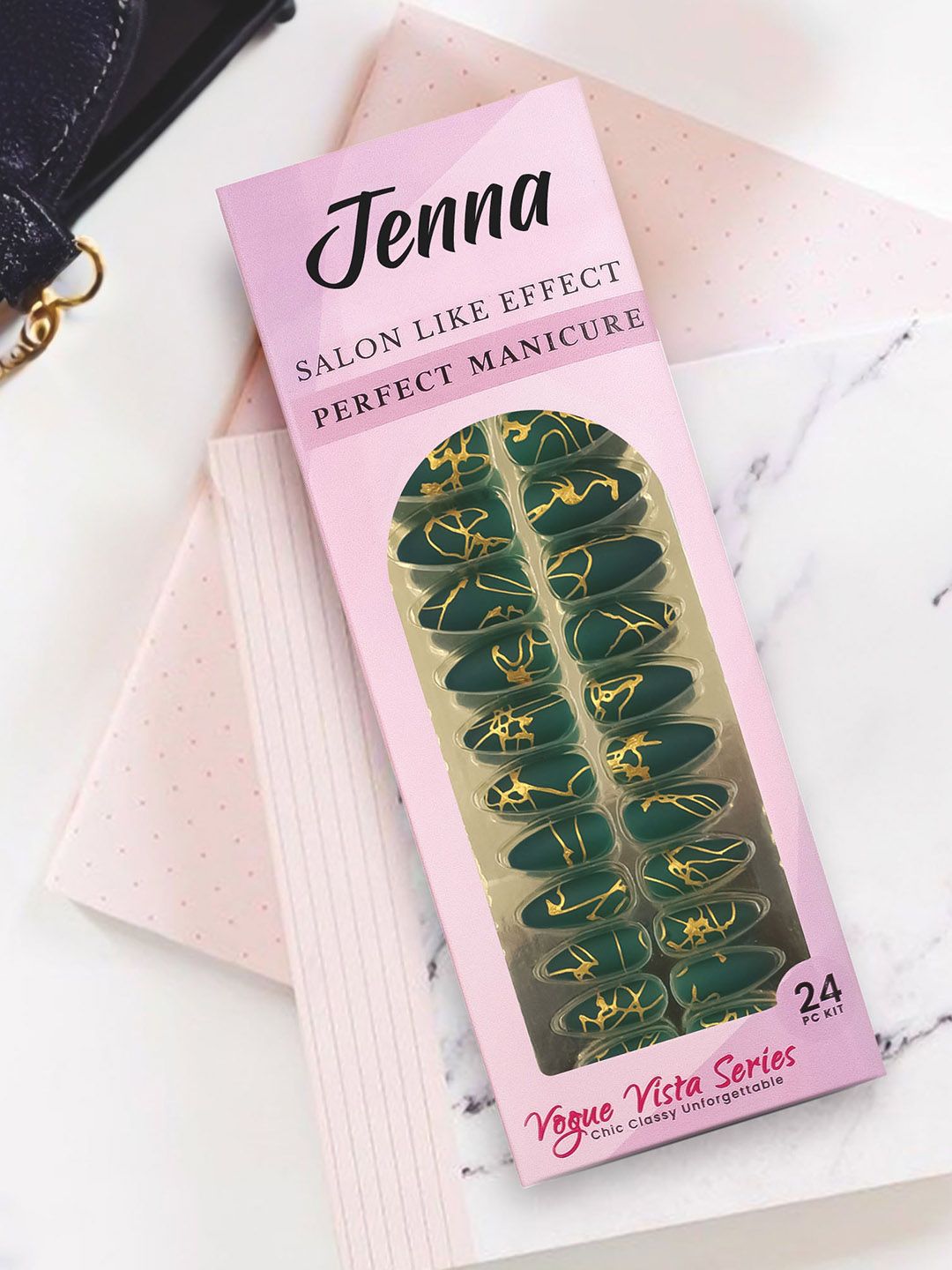 JENNA Set Of 24 French Tip Almond Shape Press On Nails - Green