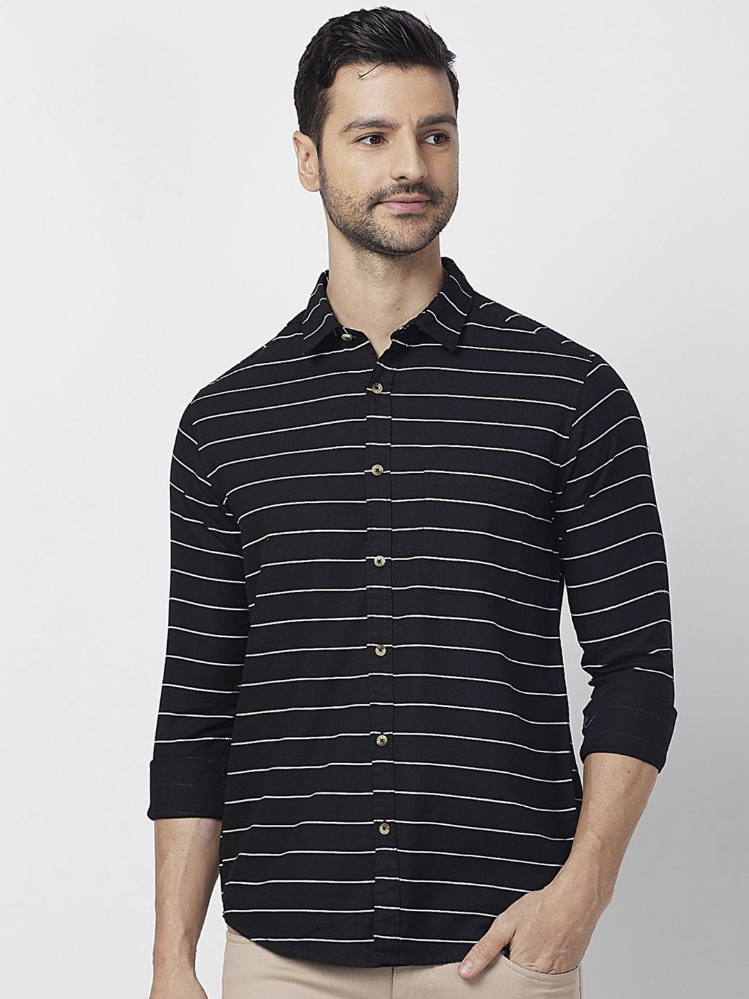SNX Men Spread Collar Horizontal Striped Cotton Casual Shirt