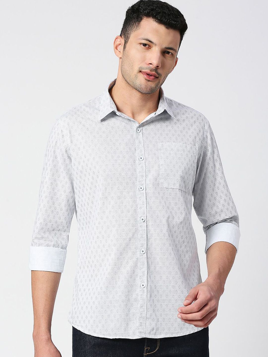 SNX Men Spread Collar Geometric Printed Cotton Casual Shirt