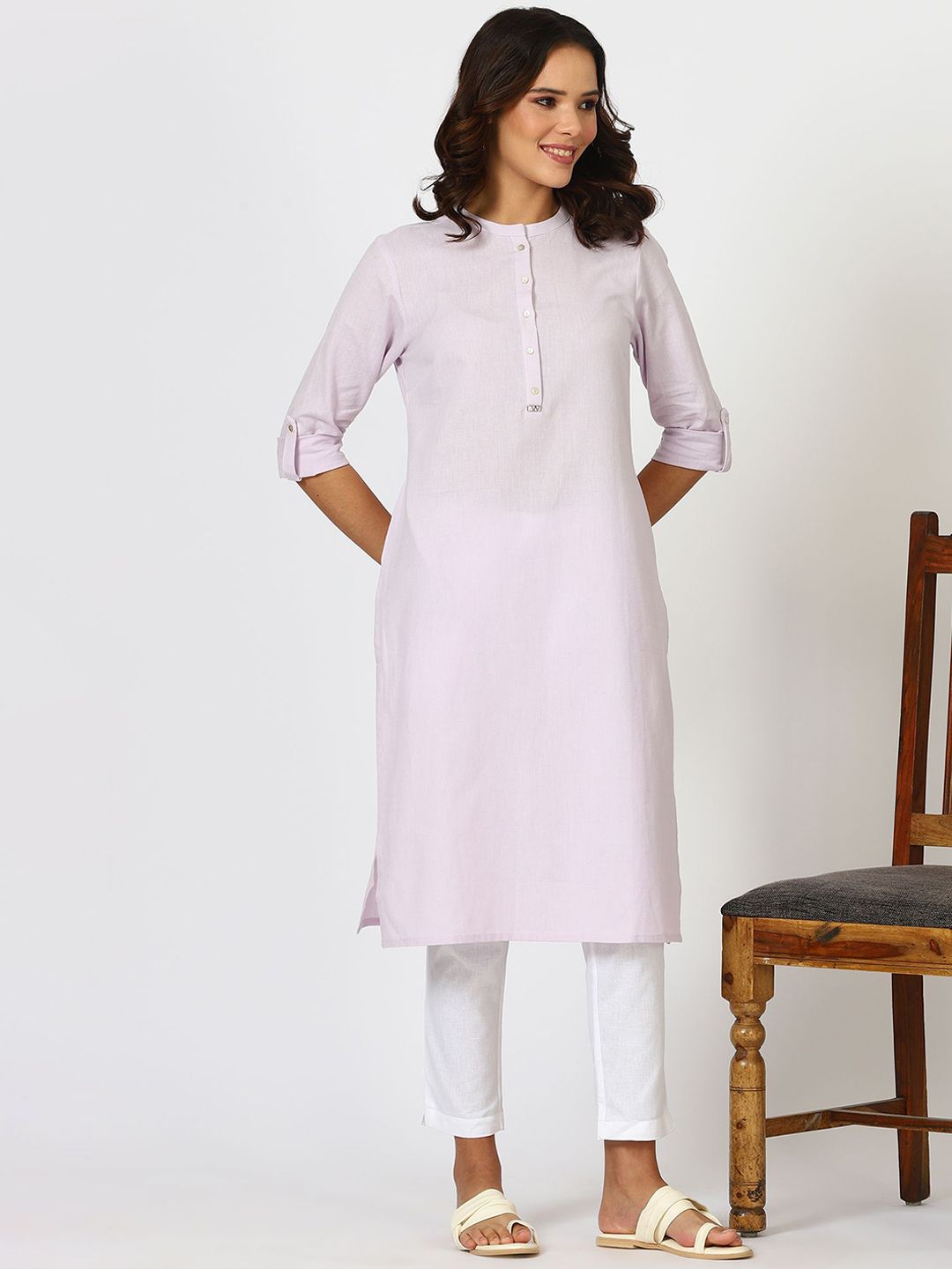 W W Mandarin Collar Pastel Roll-Up Sleeves Straight Kurta