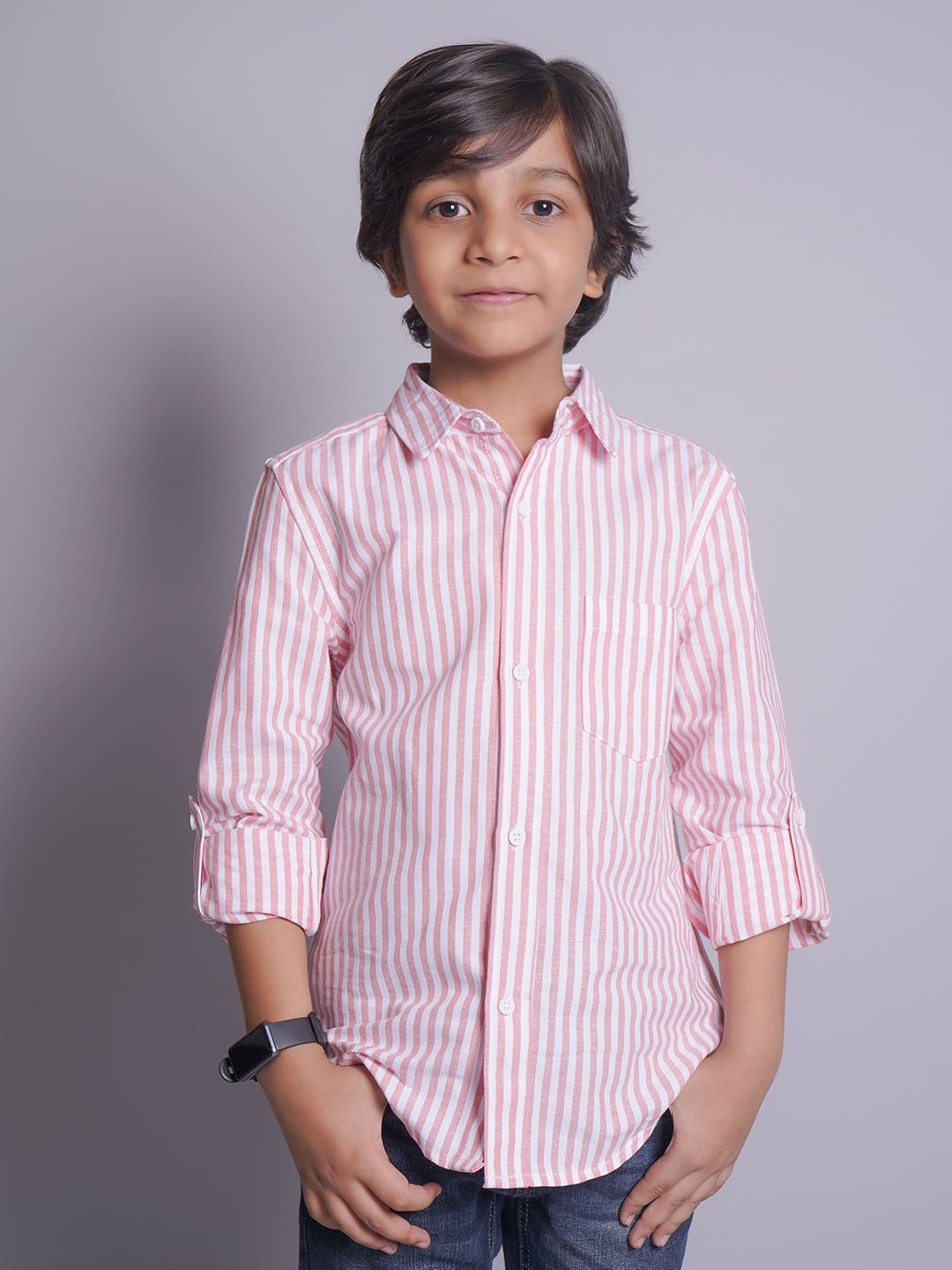 Biglilpeople Boys Standard Spread Collar Vertical Striped Cotton Casual Shirt