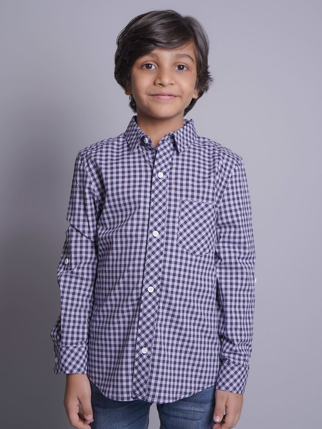Biglilpeople Boys Standard Spread Collar Gingham Checked Cotton Casual Shirt