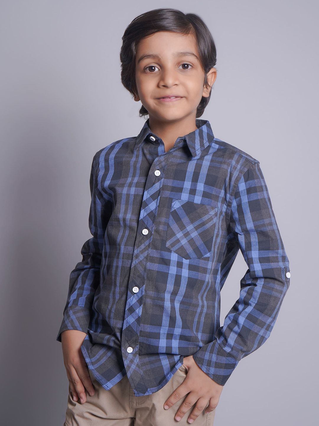 Biglilpeople Boys Standard Spread Collar Tartan Checked Cotton Casual Shirt