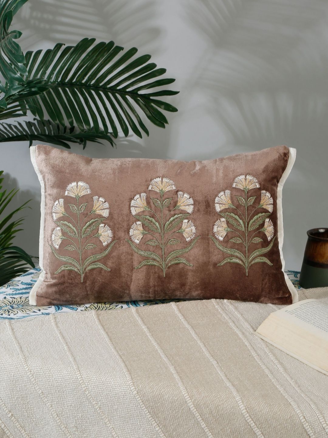 NISRAG HOME NISRAG HOME Brown & Green Floral Embroidered Velvet Rectangle Cushion Cover