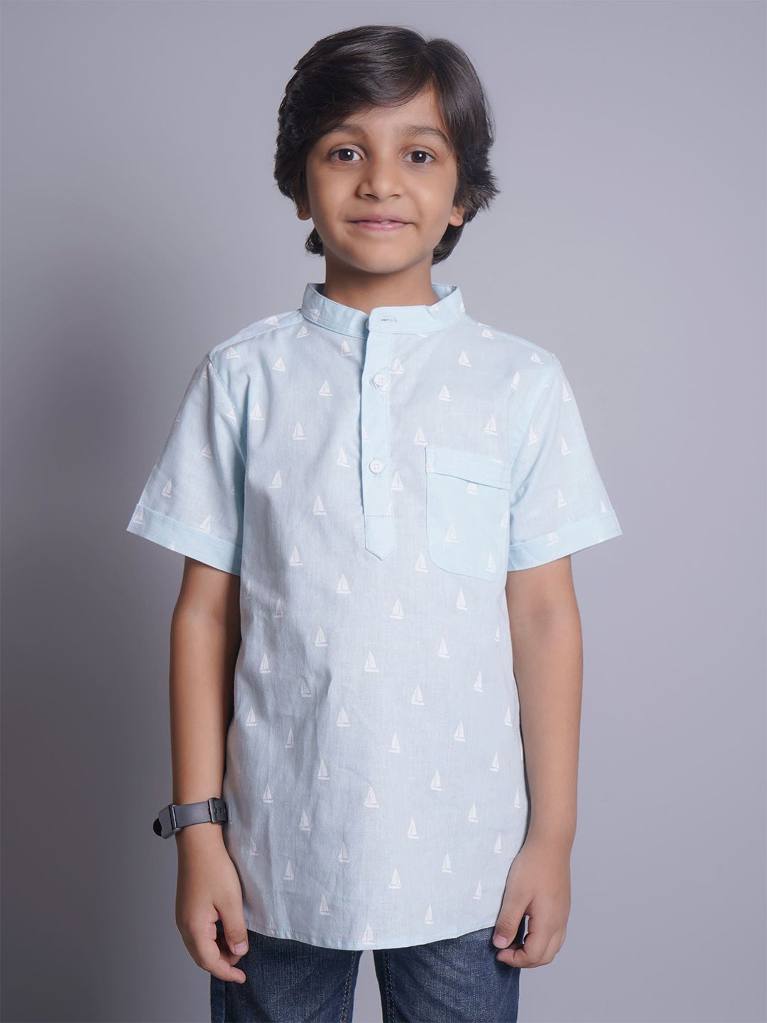 Biglilpeople Boys Standard Band Collar Conversational Printed Cotton Casual Shirt