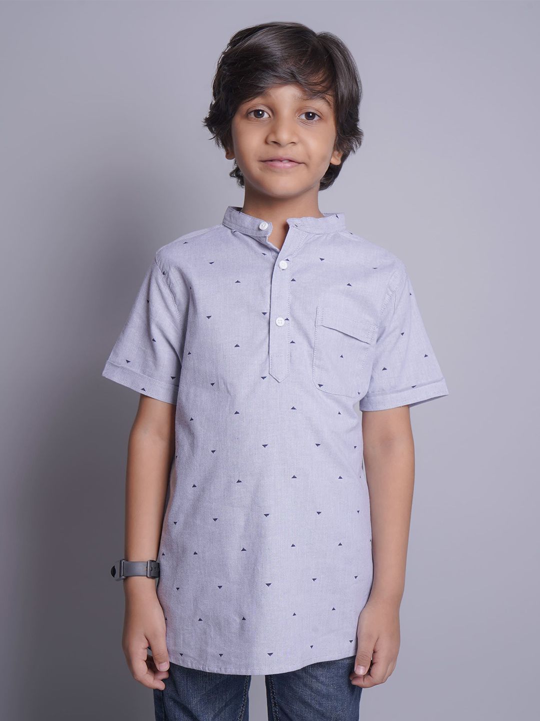Biglilpeople Boys Standard Band Collar Micro Ditsy Printed Cotton Casual Shirt