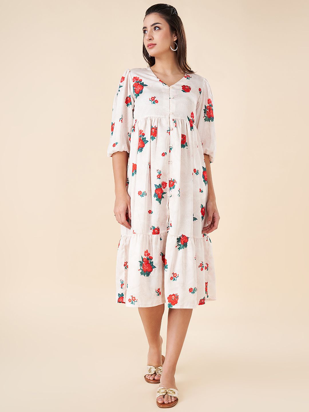 AKKRITI BY PANTALOONS Floral Printed V-Neck Shirt Midi Dress