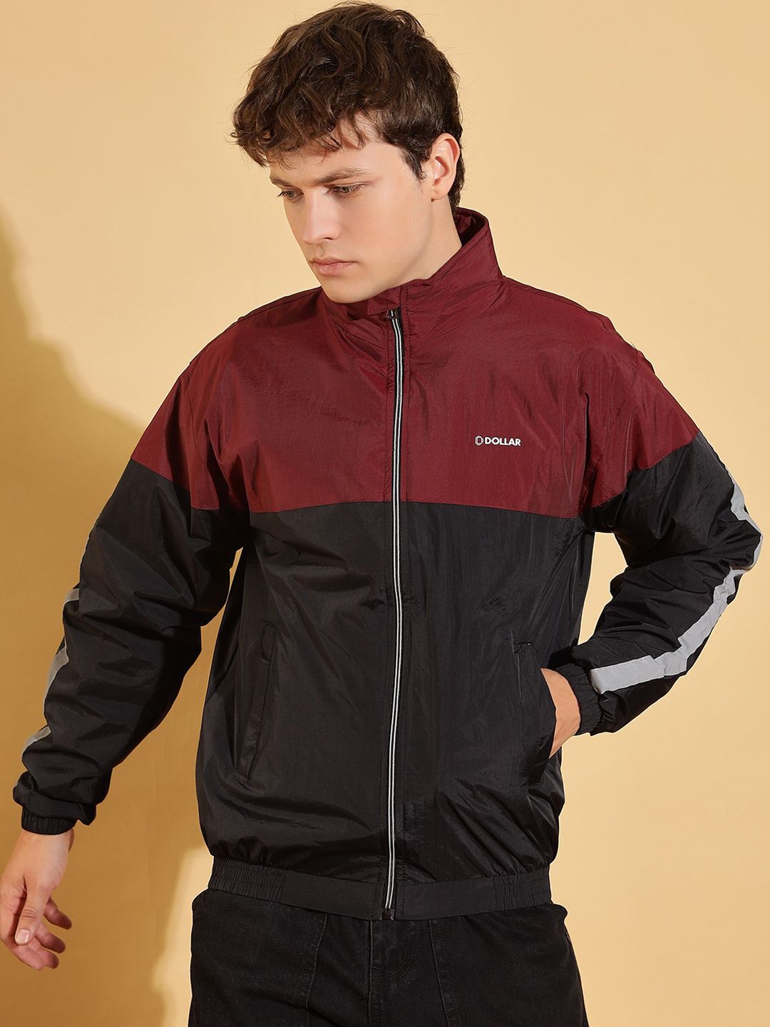 Dollar Men Mock Collar Colourblocked Casual Bomber Jacket