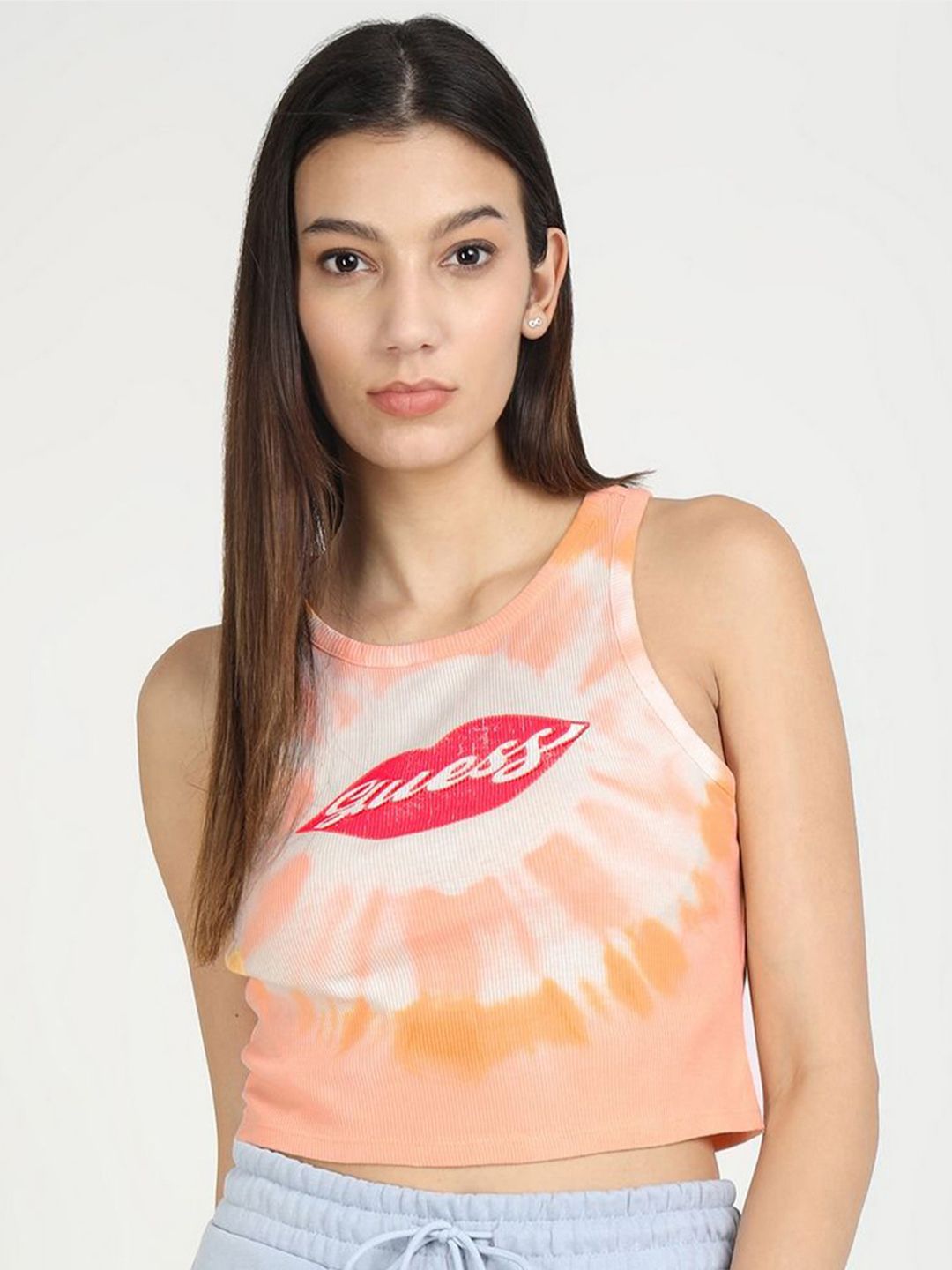 GUESS Print Round Neck Sleeveless Tank Crop Top