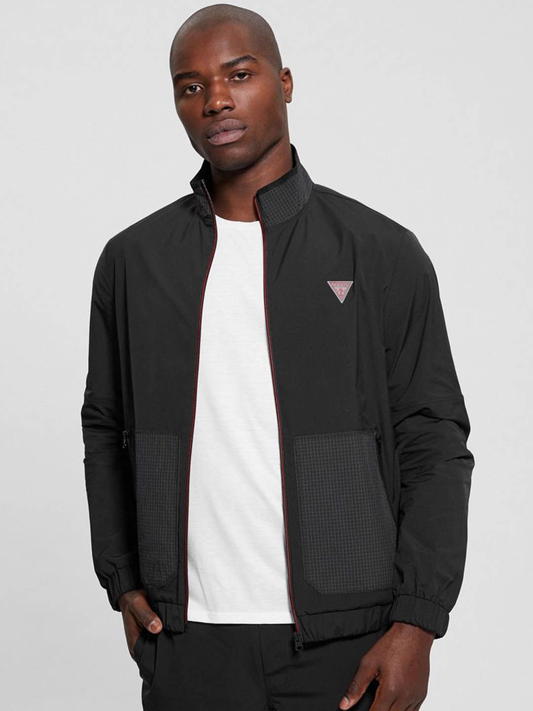 GUESS Men Mock Collar Checked Casual Bomber Jacket