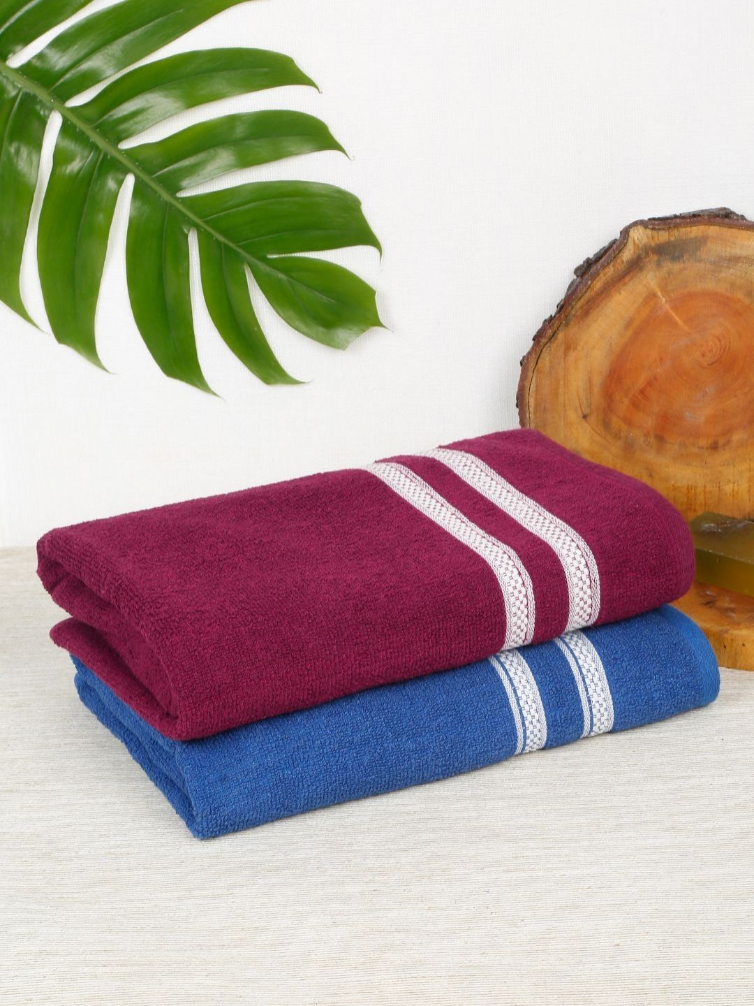 Creeva Blue & Burgundy 2 Pieces Striped Cotton 400 GSM Bath Towels