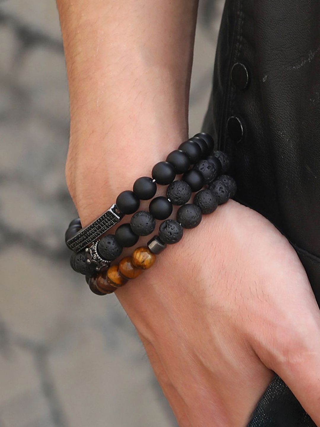 Designs & You Men Set Of 3 Silver-Plated Beaded Elasticated Bracelet