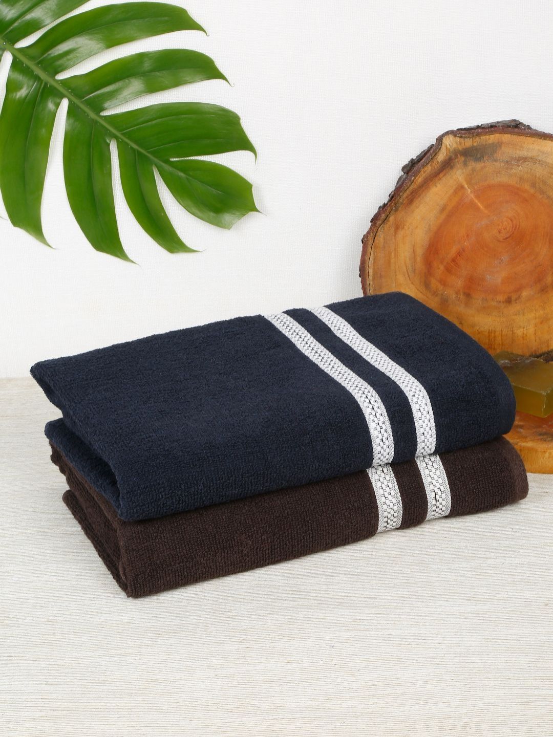 Creeva Brown & Blue 2 Pieces Striped Cotton 400 GSM Bath Towels