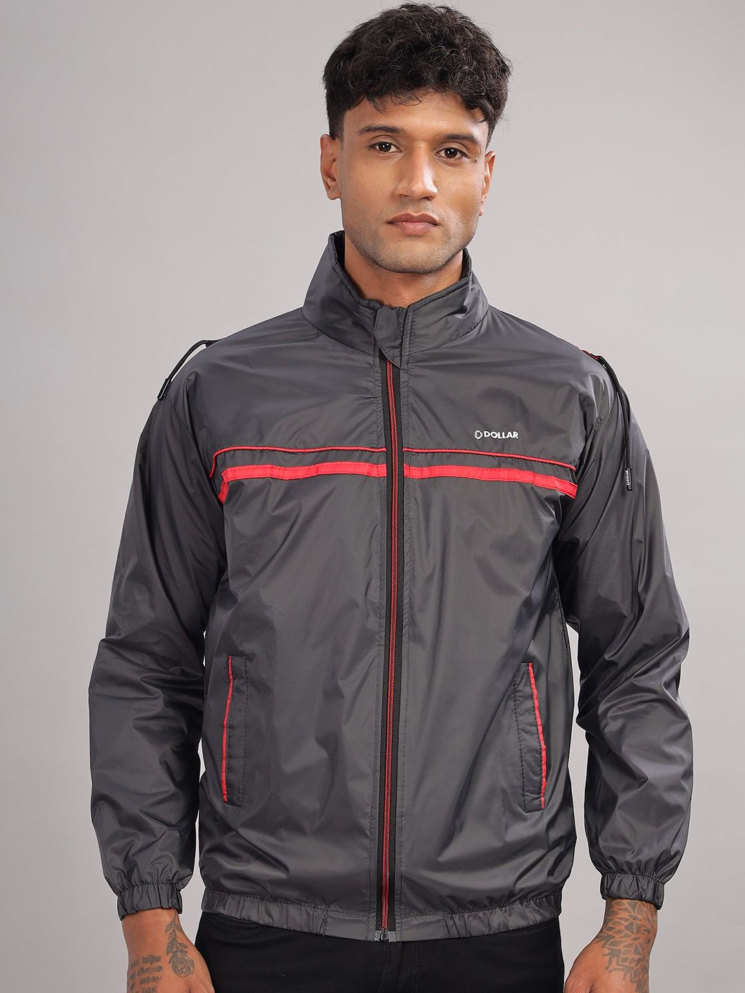 Dollar Men Mock Collar Striped Casual Bomber Jacket