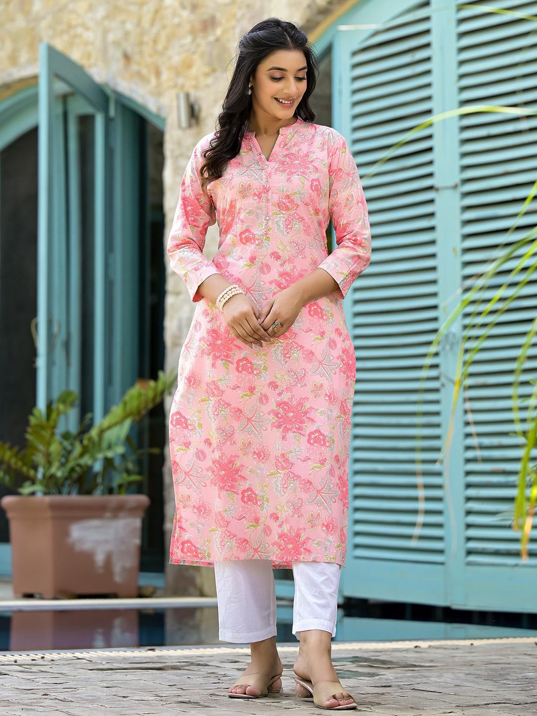 Peachmode Floral Printed Pure Cotton Straight Kurti